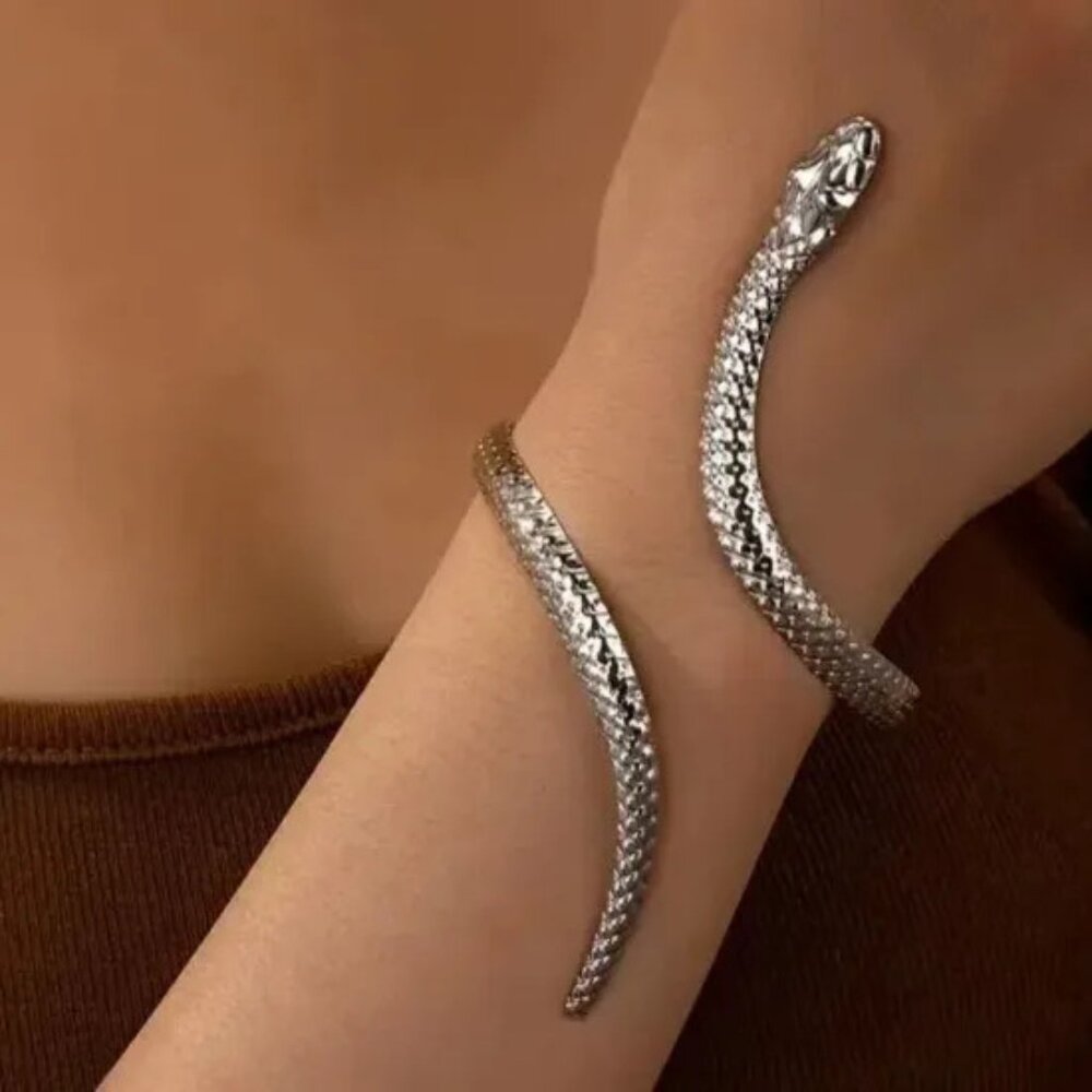 3/$35 Silver Tone Textured Snake Bracelet Cuff Bangle Wrap Statement Jewelry